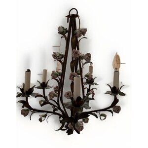 Vintage Italian Tole Pink Porcelain Roses Chandelier Ceiling Fixture-Beautiful